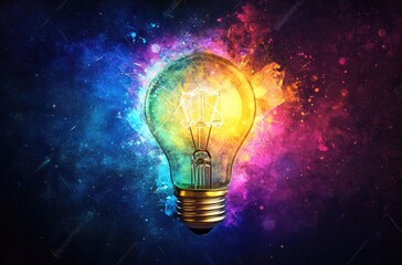 Glowing lightbulb surrounded by vibrant colors, symbolizing creativity and innovation