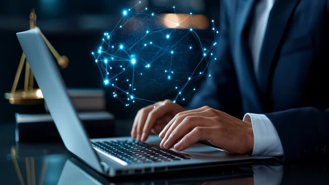 Businessperson Typing on Computer with Glowing Blue Sphere
