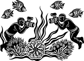 SVG vector representing eco-tourism in the ocean. Underwater Photographers Capturing Marine Life in Bold Silhouettes