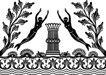 Naklejka premium SVG vector representing eco-tourism in the ocean. Elegant Black and White Artwork of Diving Figures and Floral Motifs