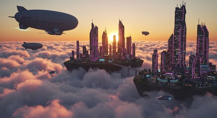 Futuristic city floating amidst clouds at sunset