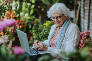 Senior woman using laptop in garden