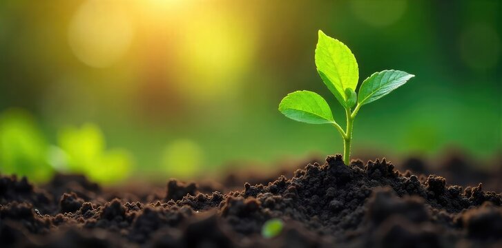 A young sapling is carefully planted in rich soil, ready to grow into a majestic tree Sunlight streams down, illuminating the scene New life taking root in nature , leaves, wildlife, natural