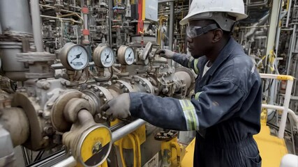 Industrial worker adjusting valve and checking pressure gauges at power plant, wearing hard hat and safety glasses, machinery background - Powered by Adobe