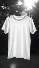 Plain white t-shirt hanging and fluttering slowly in a gentle breeze, isolated on white background, high detail fabric texture, realistic lighting, mockup style