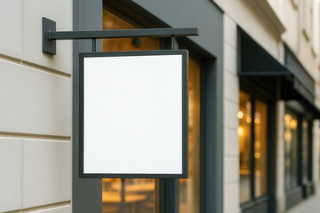 Square sign mockup mounted to a building facade in a modern urban street, perfect for branding, business, or logo presentation.