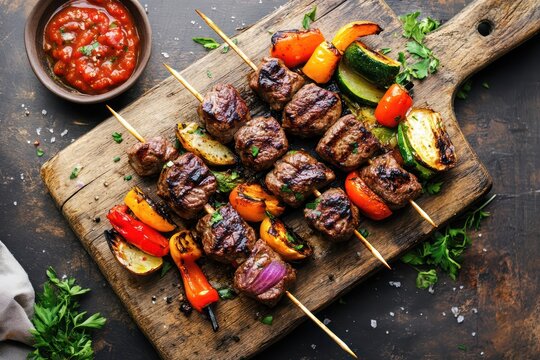 Grilled beef skewers with vegetables top view