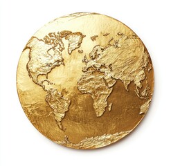 Golden embossed world map, circular, detailed relief