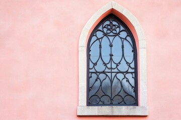 Ornate arched window on a pastel pink wall