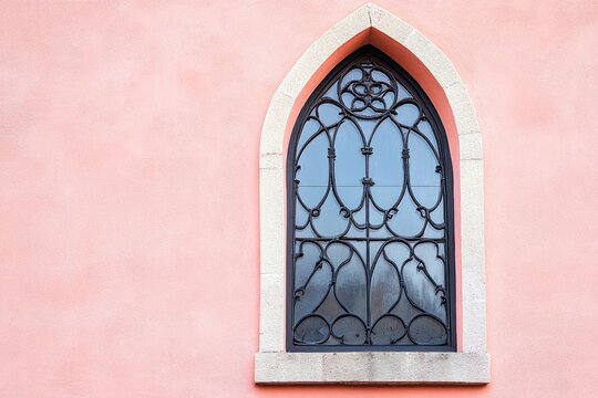 Ornate arched window on a pastel pink wall - Powered by Adobe