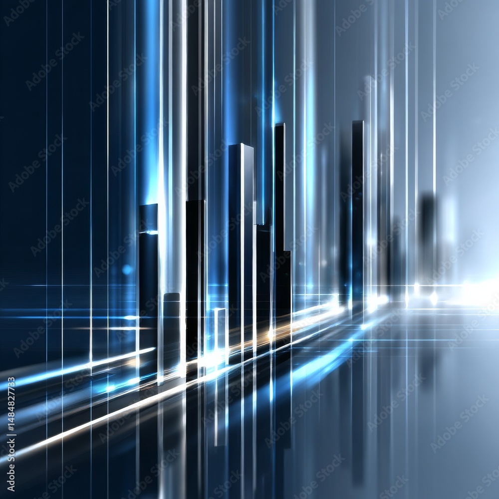 Poster abstract blue light structures: a modern digital rendering with geometric shapes and reflections.