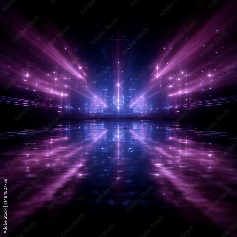 Aufkleber abstract cityscape reflection: a surreal purple and blue light display over a reflective surface
