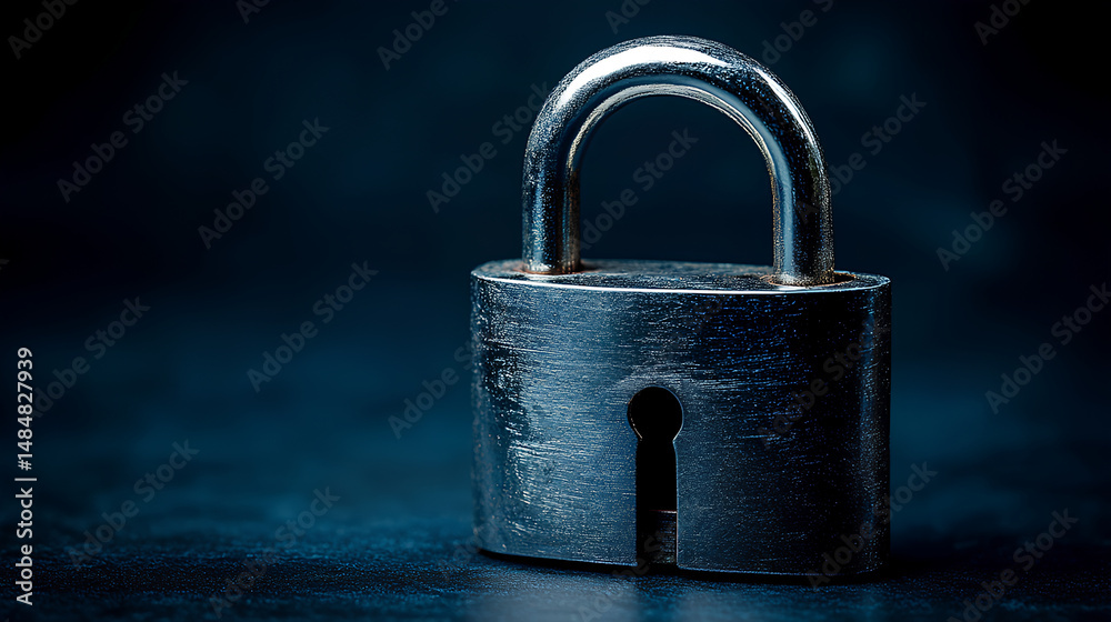 Poster digital padlock for computing system on dark blue background, cyber security technology for fraud pr