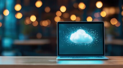 Cloud moving above a laptop displaying budgeting software in a quiet cafe.