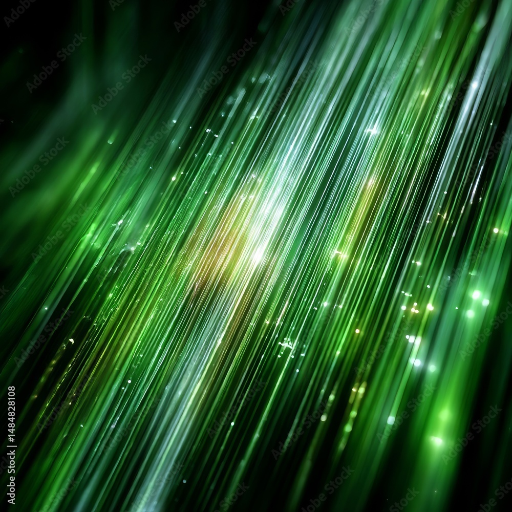 Poster Abstract Green Streaks:  A dynamic display of light and color with glittering particles across diagonal luminous lines.