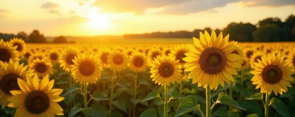 Fototapeta premium Golden hour sunlight bathes a field of sunflowers, creating a vibrant, fair yellow landscape Perfect for summer, nature, and harvest themes , warm, radiant