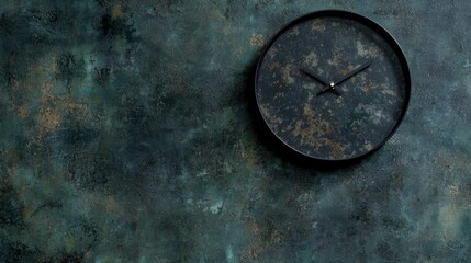 A black clock with gold hands and numbers on a dark green wall.
