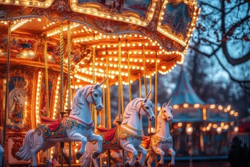 Carousel with White Unicorns and Festive Lights at Sunset