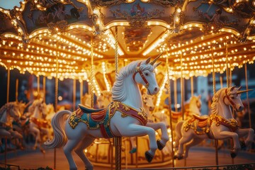 Carousel with White Unicorns and Festive Lights at Sunset