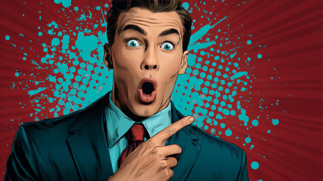 Hyper expressive reaction cartoon wow man face, big eyes and wide open mouth. The man points at something. Pop art retro comic book vector illustration