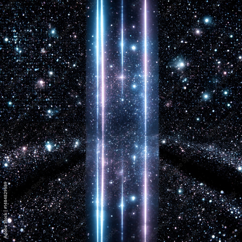 Poster cosmic portal: glowing beams and a galaxy of stars - abstract light show through the universe