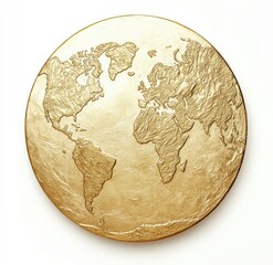 Gold-colored, embossed world map, circular design, detailed continents