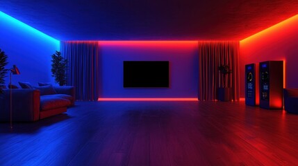 A modern living room with a large flat screen TV, comfortable couch, and potted plants, illuminated by blue and red LED lights.