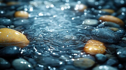Silver rain falls silently upon a landscape of smooth, grey pebbles, creating ripples of light