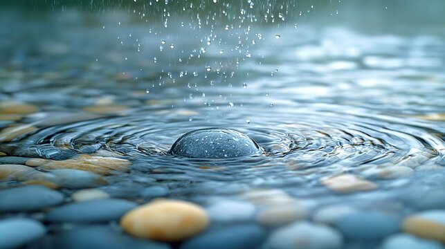 Silver rain falls silently upon a landscape of smooth, grey pebbles, creating ripples of light
