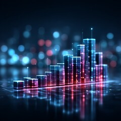 Glowing Data Growth Chart: Abstract Digital Business Success Visualization with Cityscape Background