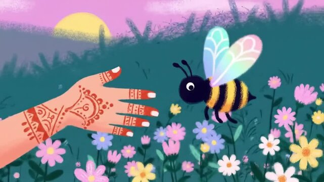 Animated Bee Flying Over Colorful Flowers In Meadow Slow Motion