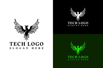 Obraz premium phoenix with circuit web wings and tail illustration, icon, vector logo for cloud computing, software house, web development, database, data science, artificial intelligence, and more