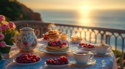 Fototapeta premium Delicious breakfast table setting with pancakes berries and tea enjoyed with beautiful ocean view