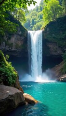 Naklejka premium Serene waterfall cascading into a pristine waterfront, surrounded by lush greenery and tranquil blue water Perfect for travel, nature, and relaxation themes , nature, flowing water, foliage