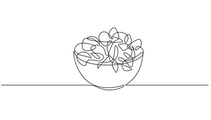 Continuous Line Drawing of Vegetables Salad on White Background. Continuous Food. Healthy Food Simple Drawing. Minimal One Line Draw Illustration for Cafe, Shop, Delivery. Vector EPS 10