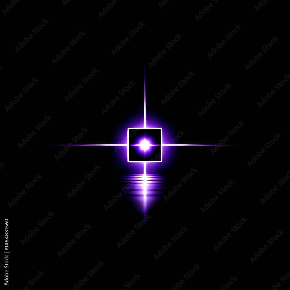 Poster neon portal: a square of vibrant light emits beams in the darkness, with a mirrored reflection benea