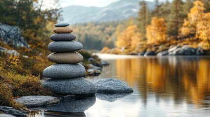 Smooth, grey stones stacked carefully on a riverbank