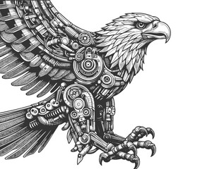 Obraz premium cybernetic robotic eagle head, intricate mechanical details in a sci-fi and steampunk aesthetic sketch engraving generative ai vector illustration. Scratch board imitation. Black and white image.