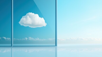 Cloud reflections in glass windows of a bank, symbolizing financial stability and revenue.