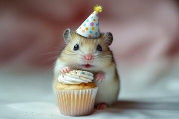 A hamster in a tiny astronaut suit, sitting in a cardboard rocket ship
