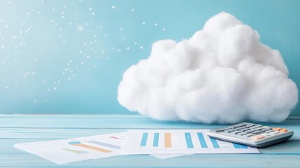 White clouds behind a calculator and papers, illustrating the planning of business revenue.