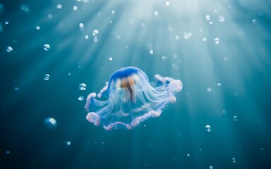 Beautiful blue and white jellyfish swimming gracefully in the deep ocean water surrounded by bubbles