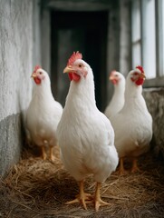 Fototapeta premium Close-up of a curious white chicken perched on hay bales in a rustic barn setting, showcasing natural beauty and farm life.
