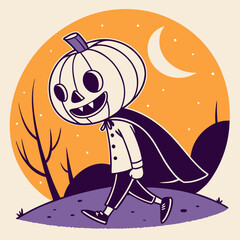 Cute Pumpkin Head Halloween Character with Witch Hat and Cape  Vector Cartoon in Haunted Forest.