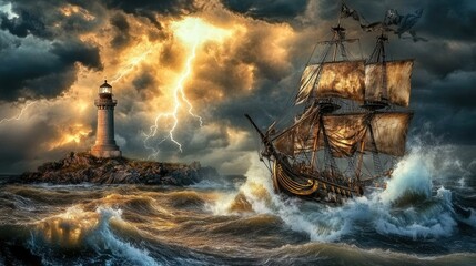 Dramatic depiction of an old sailing ship navigating a violent storm near a lighthouse.