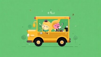 Naklejka premium Back to School Bus Adventure: Children's Illustration