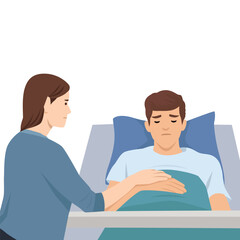 Fototapeta premium Woman sits beside a man in a hospital bed, offering comfort and support during his recovery. Flat vector illustration isolated on white background