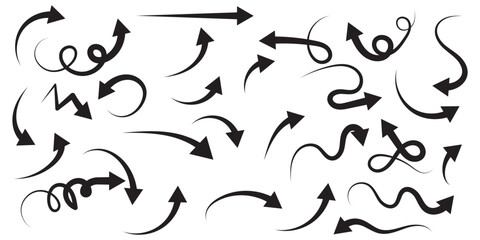 Hand drawn arrow set featuring curved, straight, dotted, and swirled arrows design, arrow vector for creative design, presentations, infographics, and decorative purposes