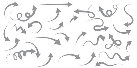 Hand drawn arrow set featuring curved, straight, dotted, and swirled arrows design, arrow vector for creative design, presentations, infographics, and decorative purposes
