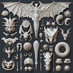 An intricately detailed, stylized arrangement of dragon anatomy studies showcases form, texture, and mythological inspiration on a dark, flat backdrop beautifully.